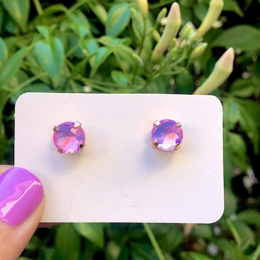 Pink-Purple Opal Aurora Borealis + Rose Gold Crystal Earrings